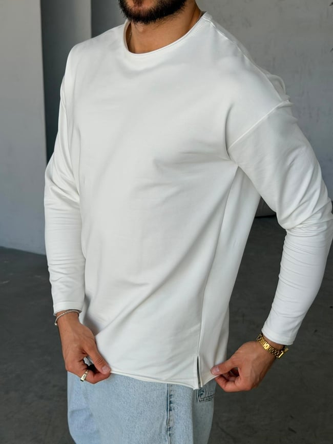 Yan Yırtmaç Detaylı Oversize Uzun Kollu Sweat M - BEYAZ
