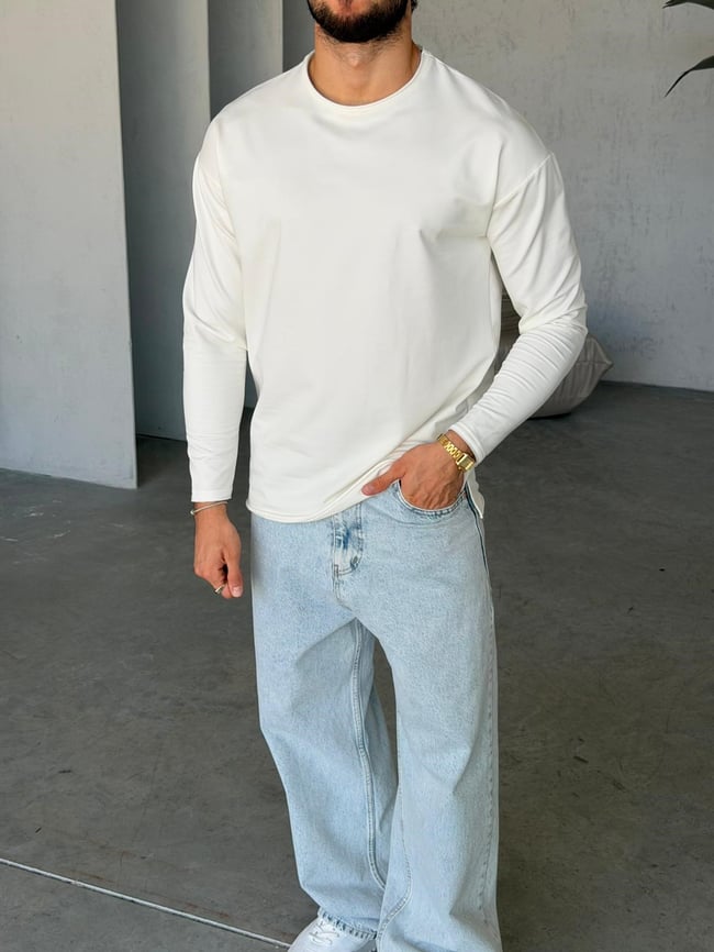 Yan Yırtmaç Detaylı Oversize Uzun Kollu Sweat M - BEYAZ