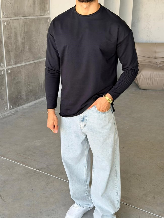 Yan Yırtmaç Detaylı Oversize Uzun Kollu Sweat M - KOYU LACİVERT