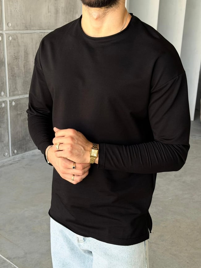 Yan Yırtmaç Detaylı Oversize Uzun Kollu Sweat M - SİYAH