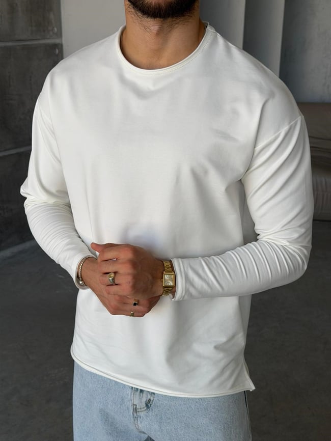 Yan Yırtmaç Detaylı Oversize Uzun Kollu Sweat M - BEYAZ