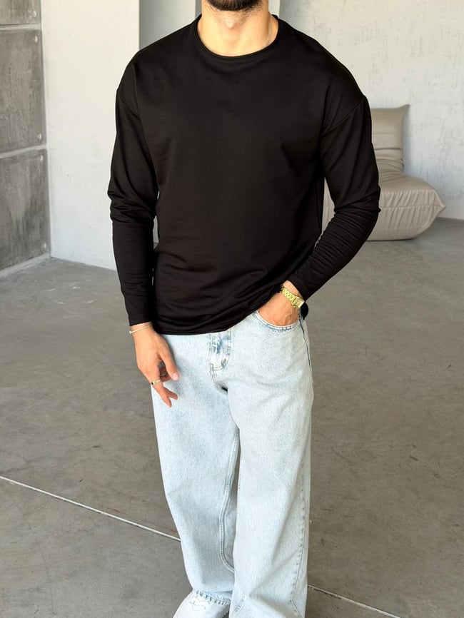 Yan Yırtmaç Detaylı Oversize Uzun Kollu Sweat M - SİYAH