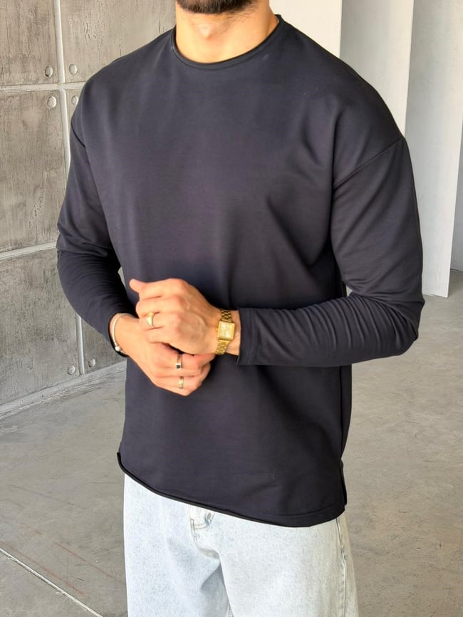 Yan Yırtmaç Detaylı Oversize Uzun Kollu Sweat M - KOYU LACİVERT
