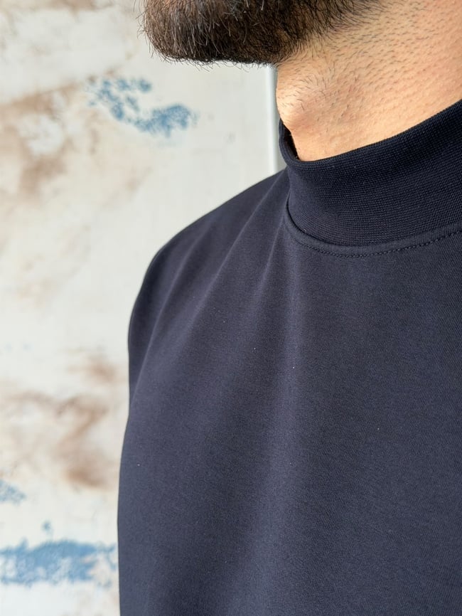 Yarım Boğazlı Dubble Face Kumaş T-shirt Lacivert