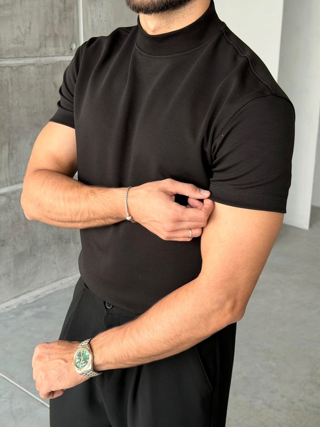 Yarım Boğazlı Dubble Face Kumaş T-shirt Siyah