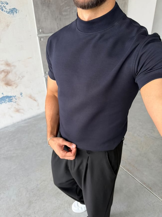Yarım Boğazlı Dubble Face Kumaş T-shirt Lacivert