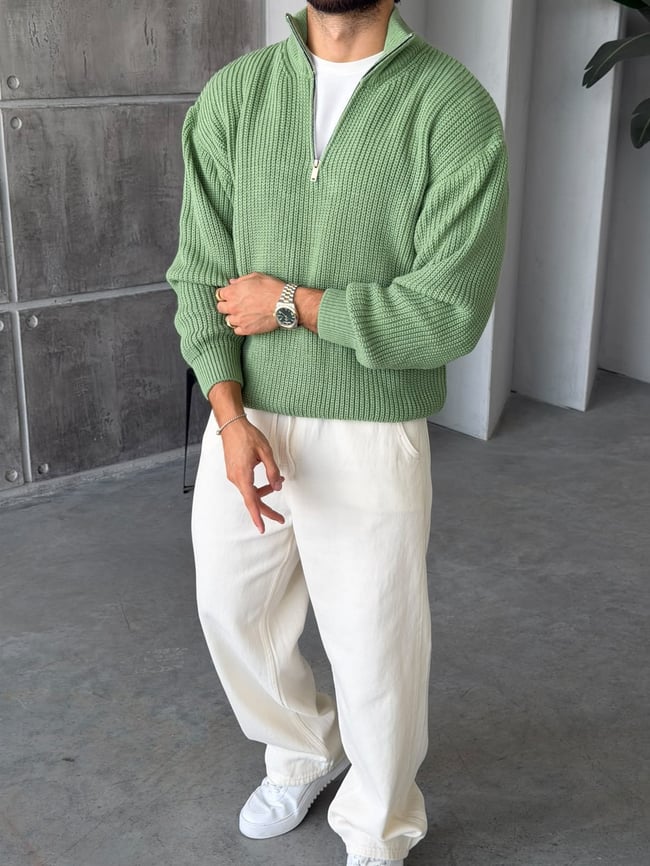 Yarım Fermuarlı Fitilli Örgü Triko M Yeşil