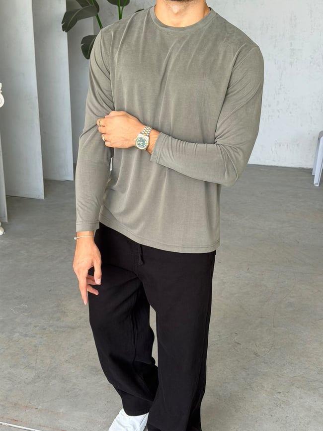 Yıkamalı Modal Kumaş Basic Sweat M Haki