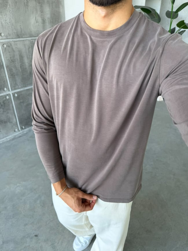 Yıkamalı Modal Kumaş Basic Sweat M Kahverengi