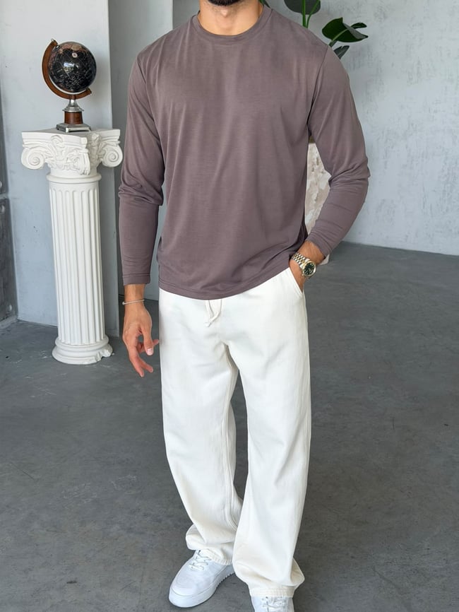 Yıkamalı Modal Kumaş Basic Sweat M Kahverengi