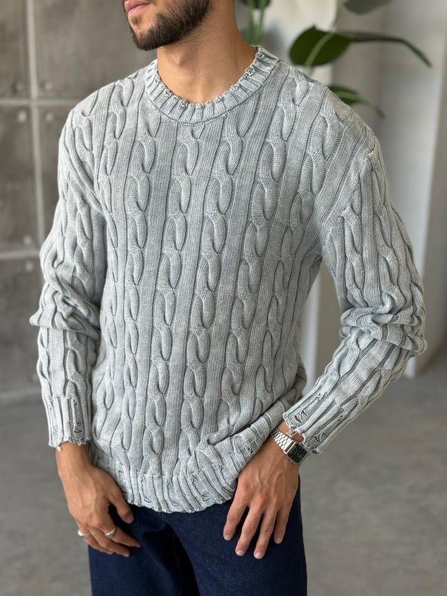 Yıkamalı Örgü Desen Triko Gri