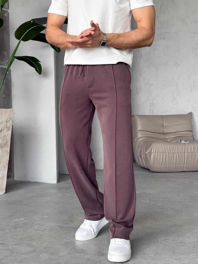 Yıkamalı Oys Kumaş Çizgi Jogger Pantolon Y - Kahverengi
