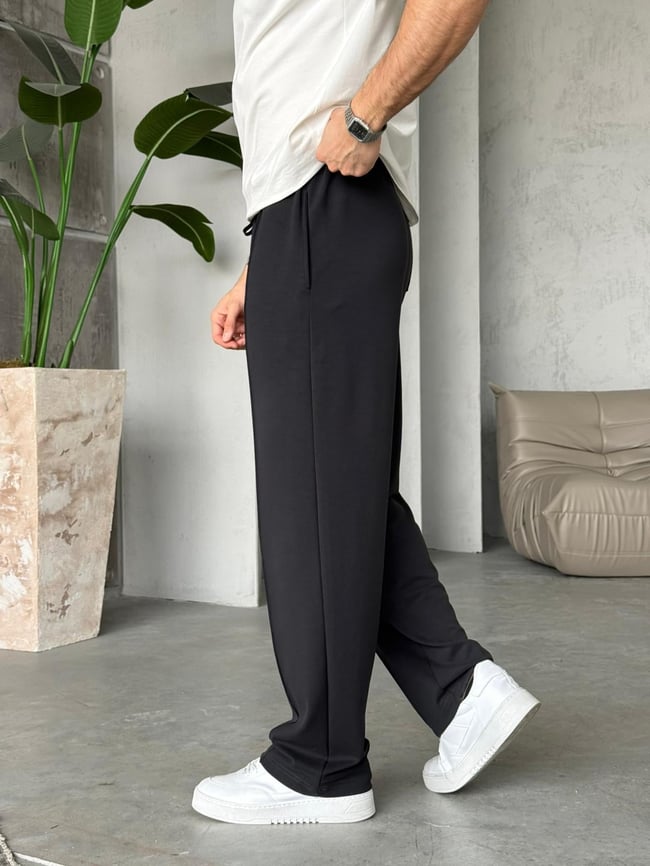 Yıkamalı Oys Kumaş Çizgi Jogger Pantolon Y - Siyah