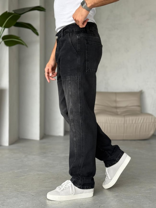 Yıkamalı Tasarım Çift Şeritli Baggy Kot Pantolon Siyah