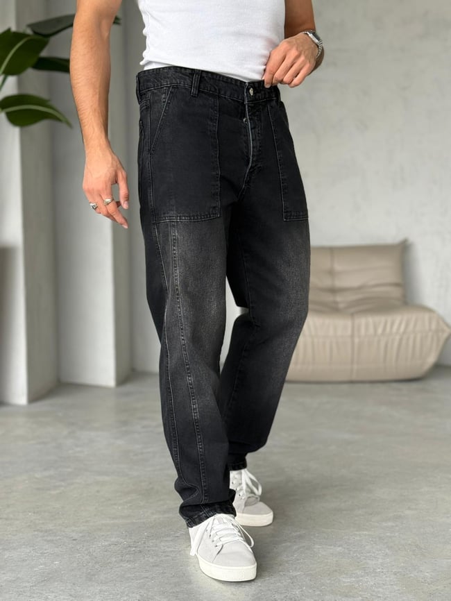 Yıkamalı Tasarım Çift Şeritli Baggy Kot Pantolon Siyah