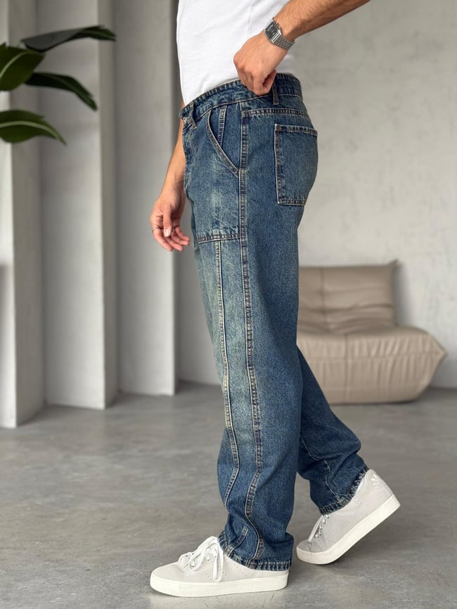Yıkamalı Tasarım Çift Şeritli Baggy Kot Pantolon