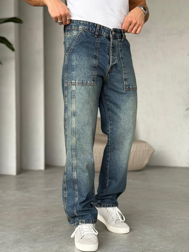 Yıkamalı Tasarım Çift Şeritli Baggy Kot Pantolon