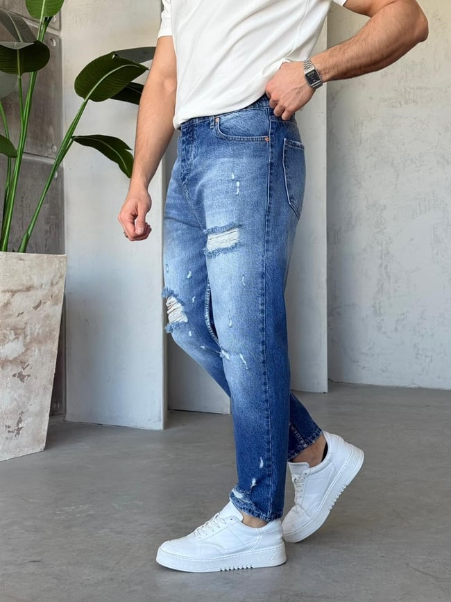 YIRTIK DETAYLI MAVİ BOYFRIEND KOT PANTOLON