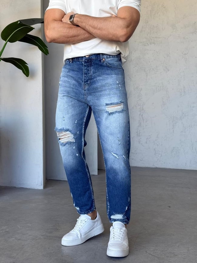 YIRTIK DETAYLI MAVİ BOYFRIEND KOT PANTOLON