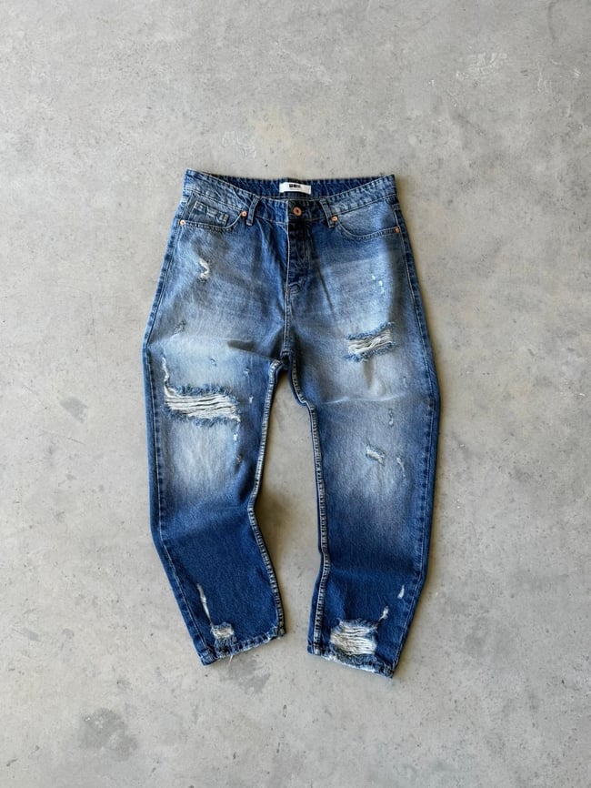 YIRTIK DETAYLI MAVİ BOYFRIEND KOT PANTOLON