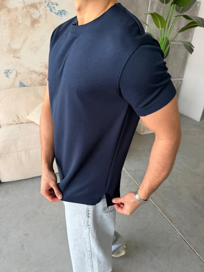 YIRTMAÇ DETAYLI Modal kumaş basıc tshırt LACİVERT-Ant