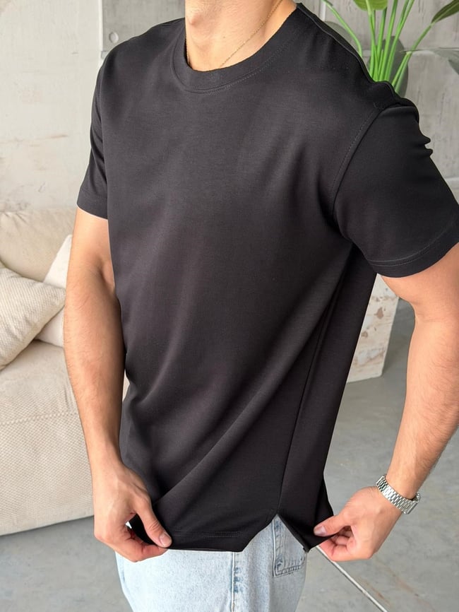 YIRTMAÇ DETAYLI Modal kumaş basıc tshırt SİYAH-Ant