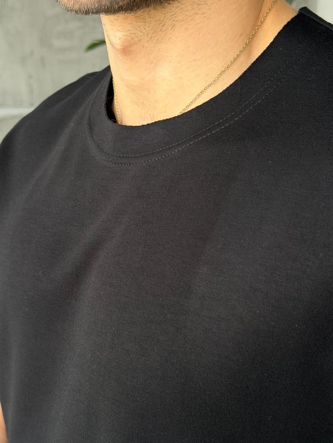 YIRTMAÇ DETAYLI Modal kumaş basıc tshırt SİYAH-Ant