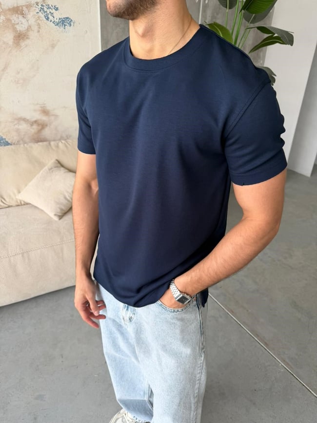 YIRTMAÇ DETAYLI Modal kumaş basıc tshırt LACİVERT-Ant