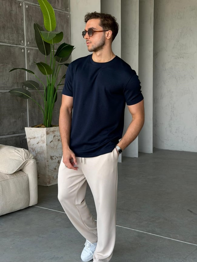 YIRTMAÇ DETAYLI Modal kumaş basıc tshırt LACİVERT-Ant