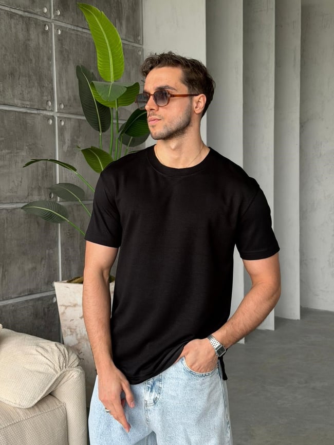 YIRTMAÇ DETAYLI Modal kumaş basıc tshırt SİYAH-Ant