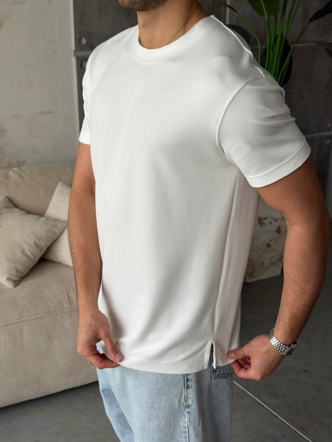 YIRTMAÇ DETAYLI Modal kumaş basıc tshırt BEYAZ-Ant