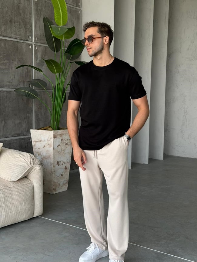 YIRTMAÇ DETAYLI Modal kumaş basıc tshırt SİYAH-Ant