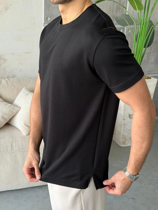 YIRTMAÇ DETAYLI Modal kumaş basıc tshırt SİYAH-Ant