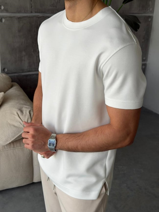 YIRTMAÇ DETAYLI Modal kumaş basıc tshırt BEYAZ-Ant