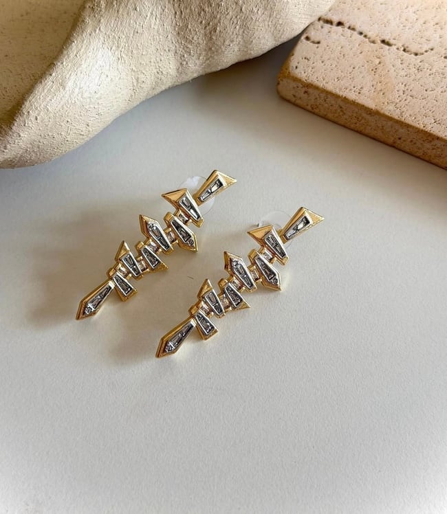 Arya Geometrik Baget Taşlı Gold Küpe