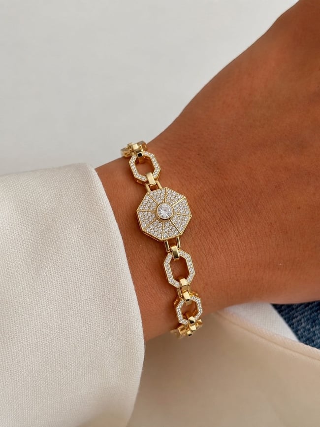 Aurora Sekizgen Zirkon Taşlı Gold Bileklik