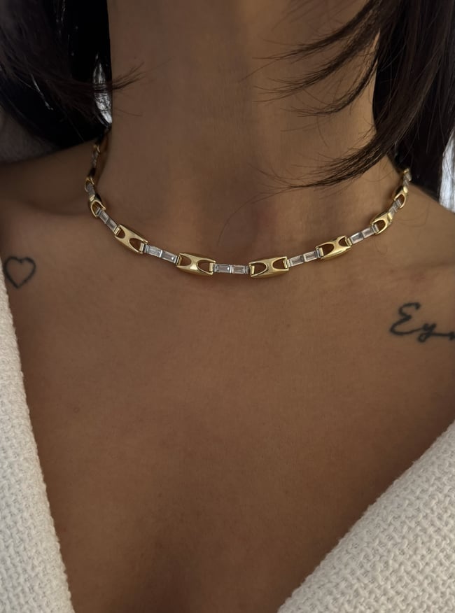 Baget Taş Detaylı Gold Zincir Choker Kolye