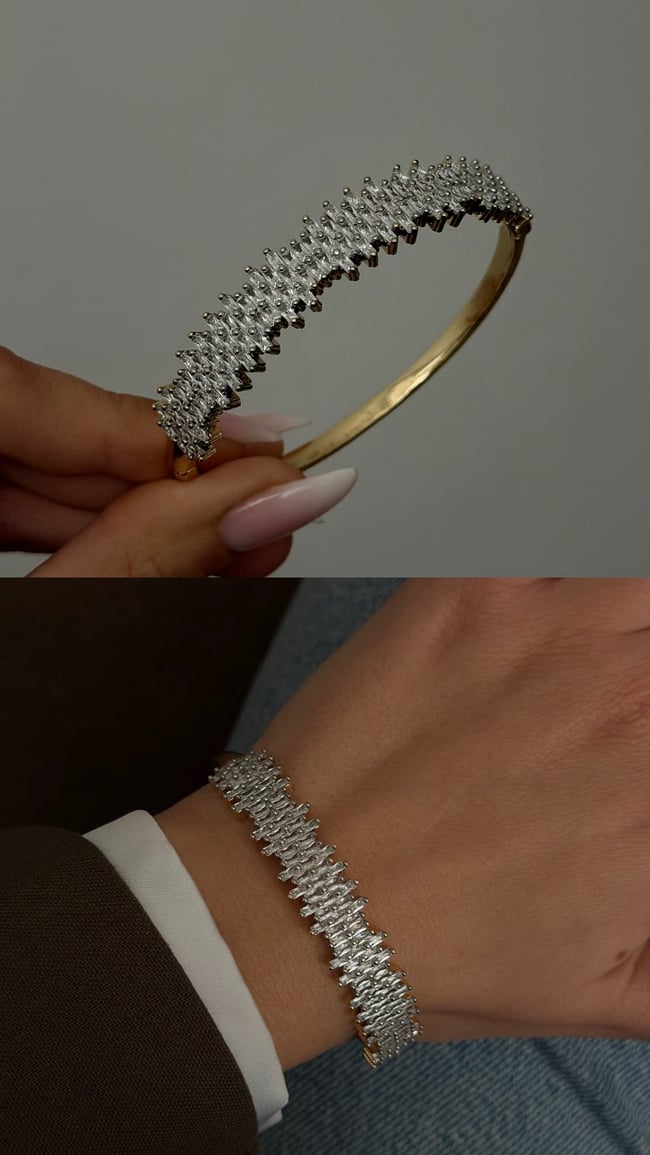 Baget Taşlı Gold Su Yolu Kelepçe Kadın Bileklik