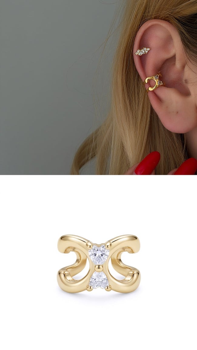 Çift C Taşlı Kıkırdak Küpesi – Gold