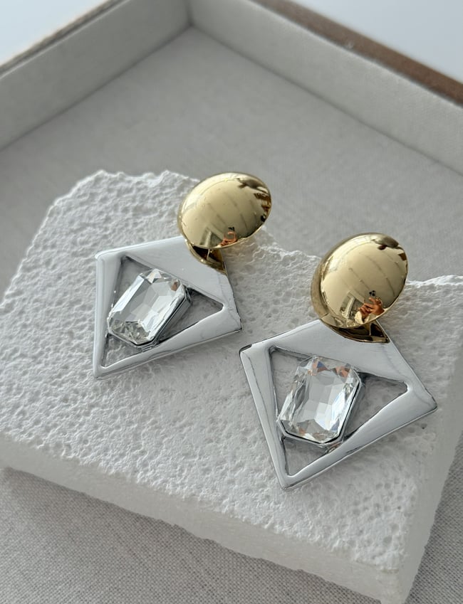 Geometrik Kristal Taşlı Altın & Gümüş Renk Küpe