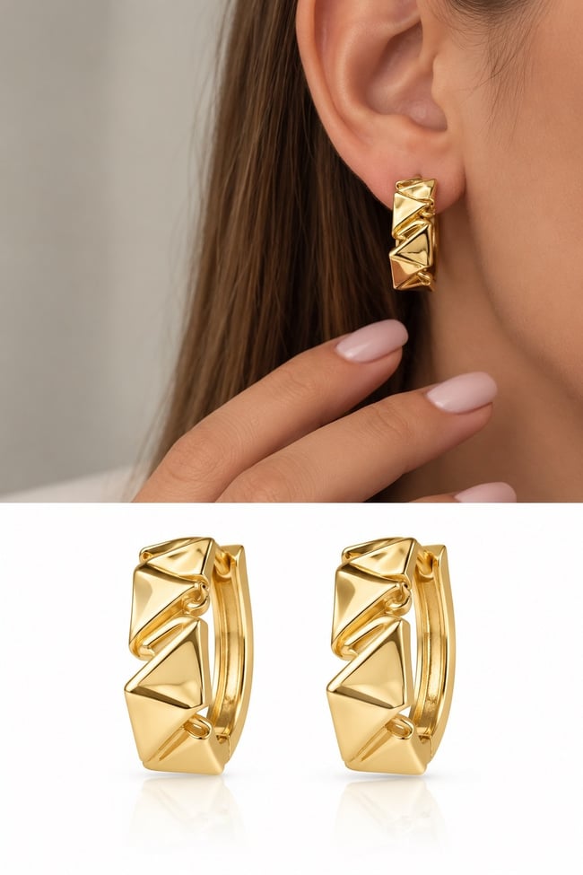 Geometrik Piramit Detaylı Gold Halka Küpe