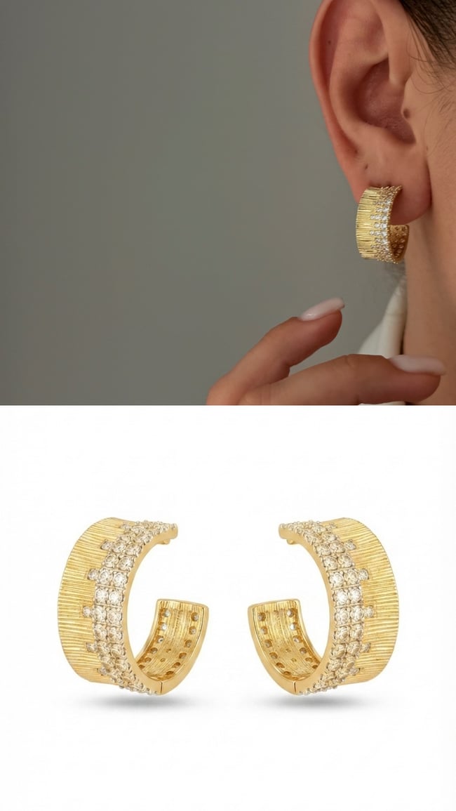 Gold Kaplama Zirkon Taşlı İkonik Halka Küpe
