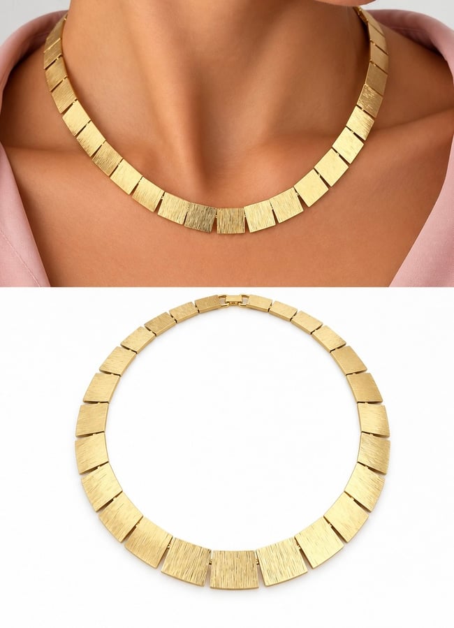 Gold Plaka Dokulu Geometrik Kolye