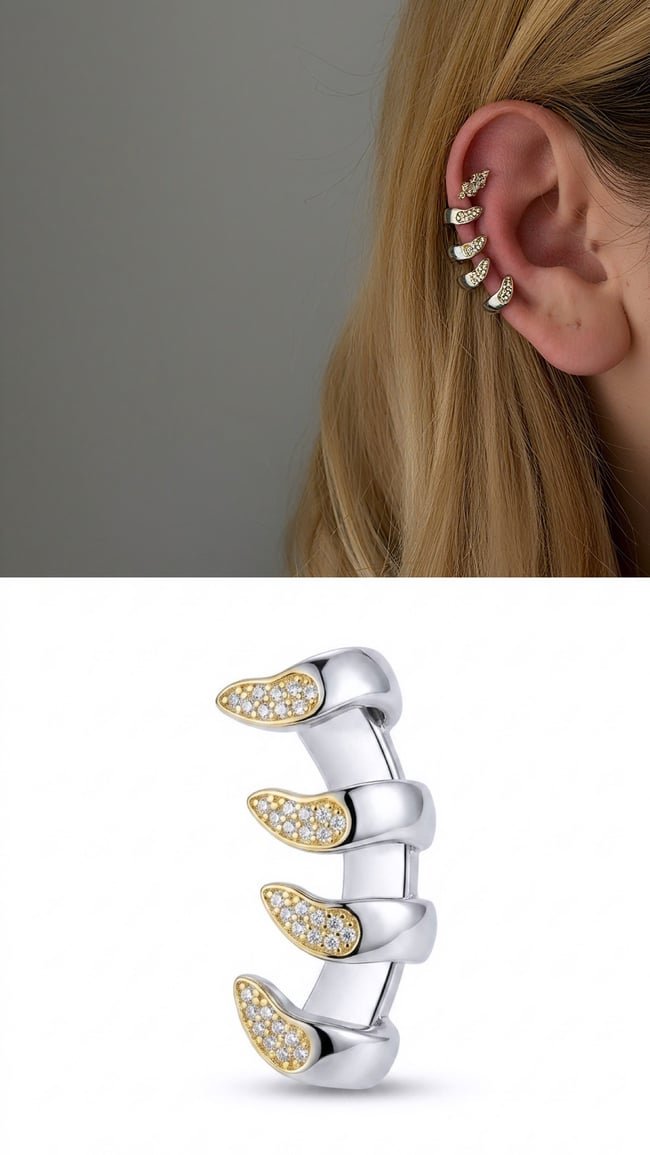 İki Renkli Taşlı Dört Sıralı Ear Cuff Küpe