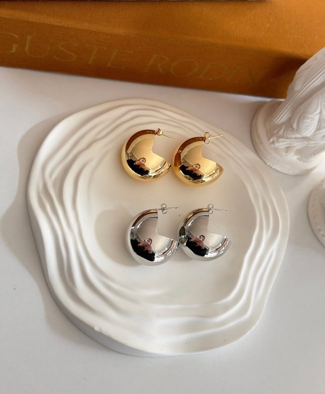 Luna Bombeli Halka Çelik Küpe – Gold & Silver