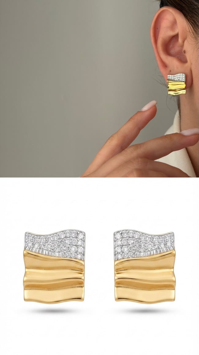 Luna Dalga Form Zirkon Taşlı Gold Küpe