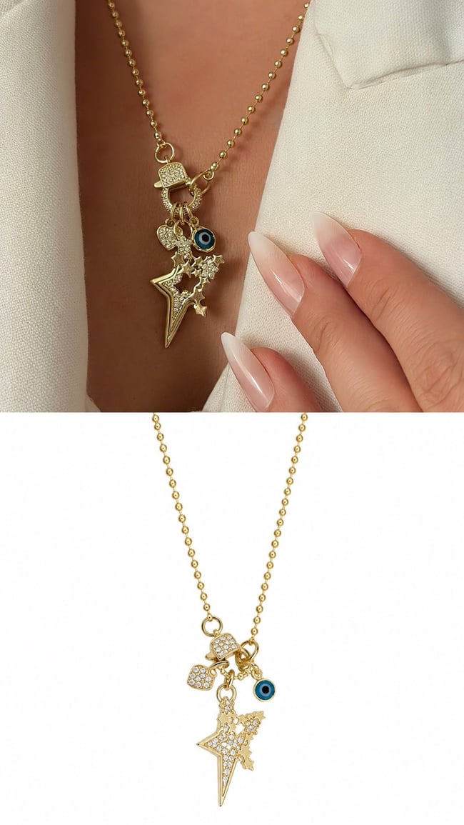Luna Nazar & Kalp Figürlü Yıldız Charm Kolye