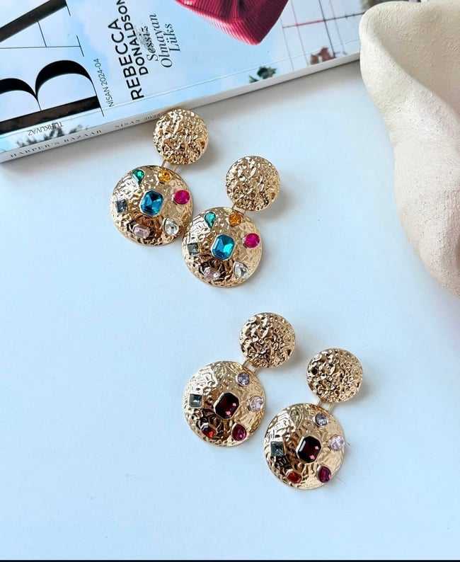 Luna Renkli Taşlı Dokulu Gold Küpe