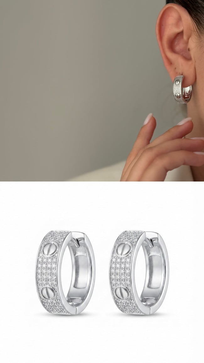 Luna Silver Işıltılı Vidalı Halka Küpe