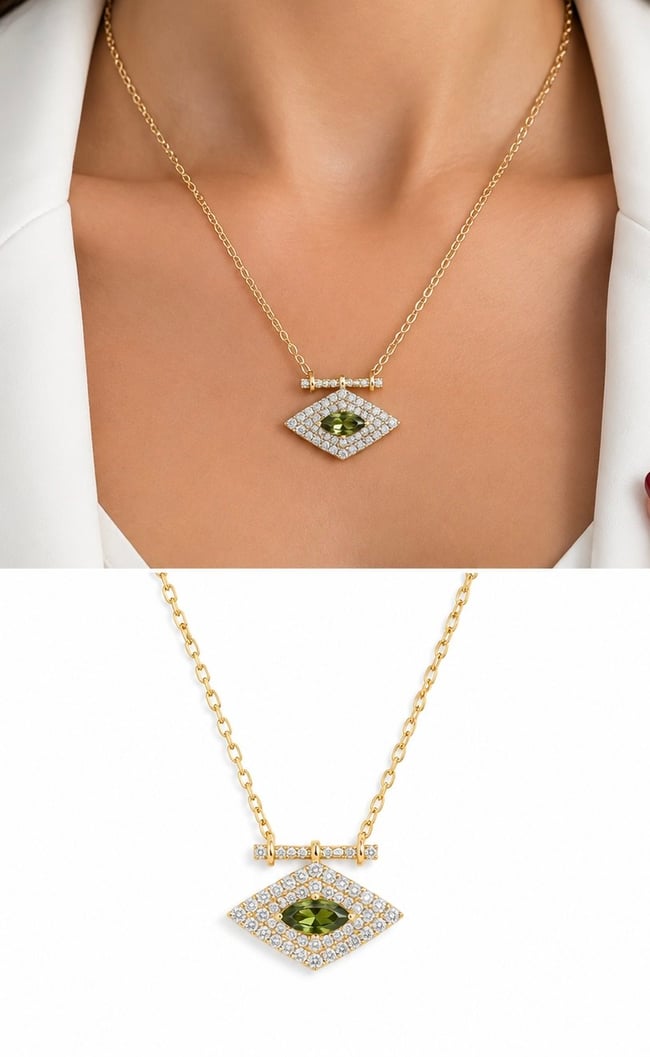 Olive Eye Zirkon Taşlı Göz Kolye